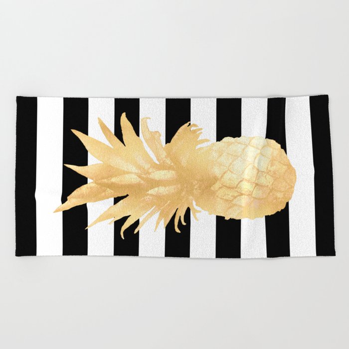 Gold Pineapple Black and White Stripes Beach Towel