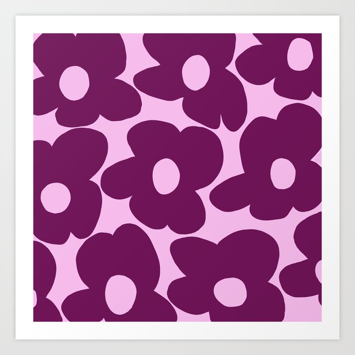 Purple Retro Flowers Pink Background #decor #society6 #buyart Art Print