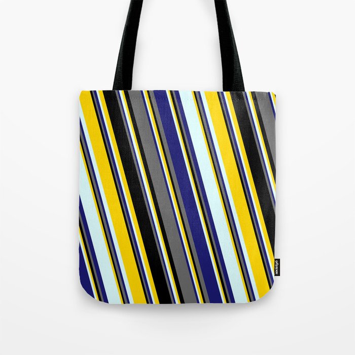 Yellow, Light Cyan, Midnight Blue, Dim Grey & Black Colored Striped Pattern Tote Bag
