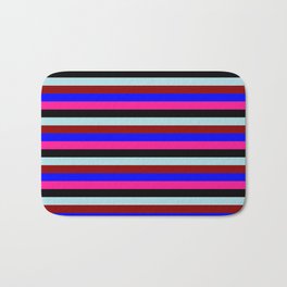 [ Thumbnail: Eyecatching Blue, Deep Pink, Black, Powder Blue, and Dark Red Colored Lines Pattern Bath Mat ]