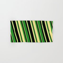 [ Thumbnail: Black, Forest Green, and Tan Colored Stripes Pattern Hand & Bath Towel ]