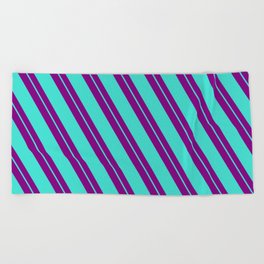 [ Thumbnail: Purple and Turquoise Colored Lined/Striped Pattern Beach Towel ]