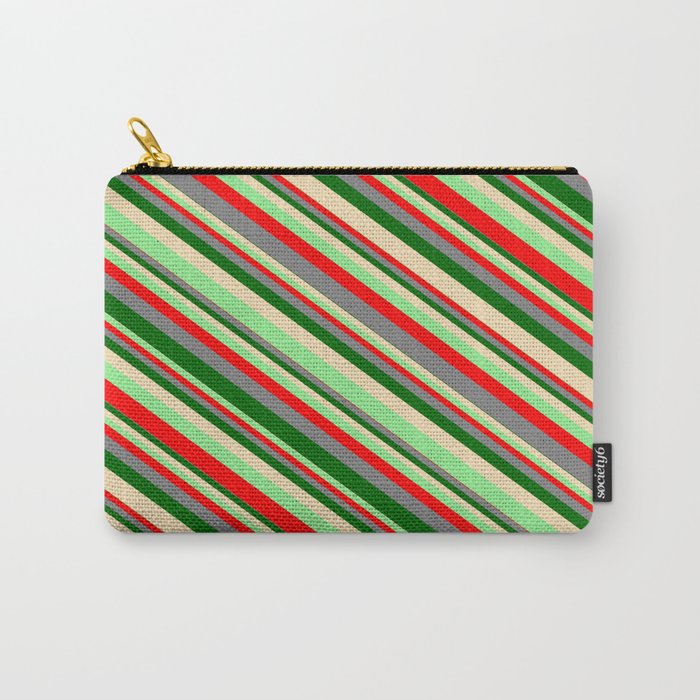 Eyecatching Light Green, Red, Gray, Dark Green, and Tan Colored Lined/Striped Pattern Carry-All Pouch