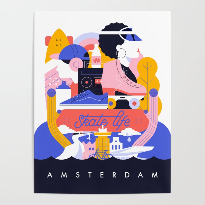 Amsterdam skate life illustration Poster