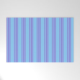 [ Thumbnail: Purple & Light Sky Blue Colored Pattern of Stripes Welcome Mat ]