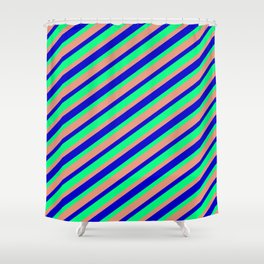 [ Thumbnail: Blue, Green, and Dark Salmon Colored Lined Pattern Shower Curtain ]