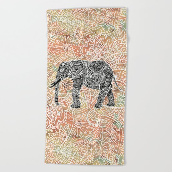 Tribal Paisley Elephant Colorful Henna Floral Pattern Beach Towel