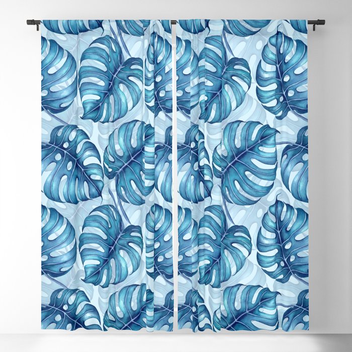 Monstera watercolor pattern blue Blackout Curtain