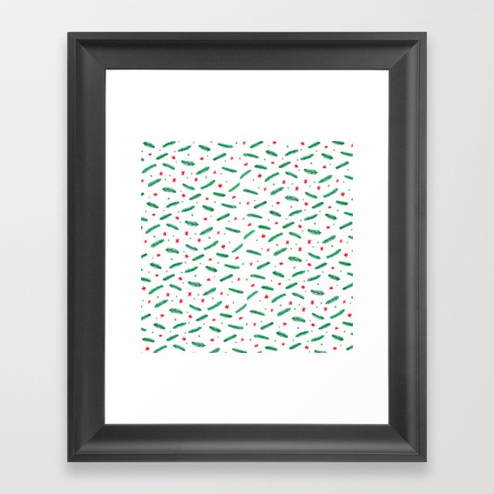 Christmas branches and stars - green and red Framed Art Print