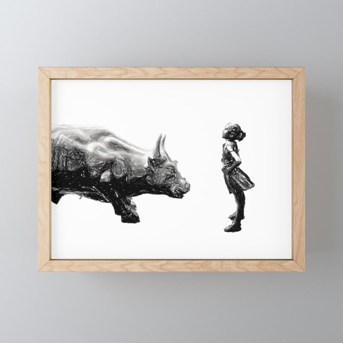 Feminist fearless girl charging wall street bull, Be Fearless Framed Mini Art Print
