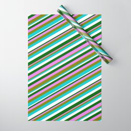 [ Thumbnail: Colorful Violet, Green, Dark Turquoise, White & Dark Green Colored Lines/Stripes Pattern Wrapping Paper ]