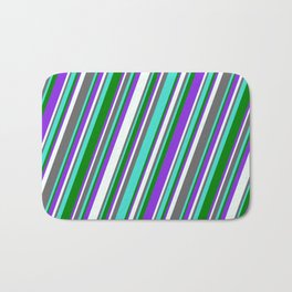 [ Thumbnail: Dim Grey, Turquoise, Green, Purple & Mint Cream Colored Lined Pattern Bath Mat ]
