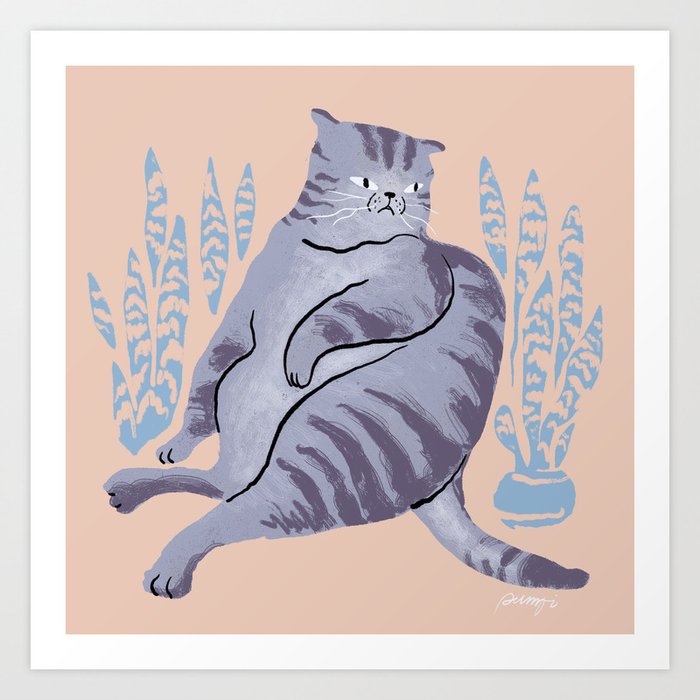 Sitting Cat with Snake Plants  Art Print