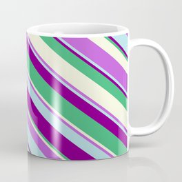 [ Thumbnail: Eye-catching Orchid, Powder Blue, Purple, Sea Green & Beige Colored Stripes/Lines Pattern Coffee Mug ]