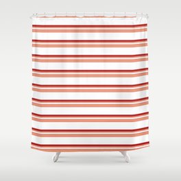 [ Thumbnail: Dark Salmon, White, and Red Colored Pattern of Stripes Shower Curtain ]