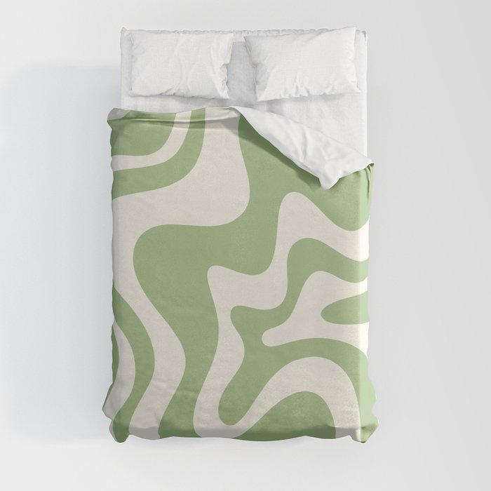 Retro Liquid Swirl Abstract Pattern in Light Sage Green and Cream Duvet Cover
