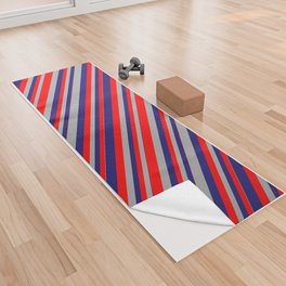 [ Thumbnail: Midnight Blue, Dark Grey & Red Colored Striped/Lined Pattern Yoga Towel ]