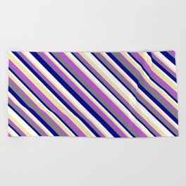 [ Thumbnail: Vibrant Gray, Dark Blue, White, Pale Goldenrod & Orchid Colored Striped/Lined Pattern Beach Towel ]
