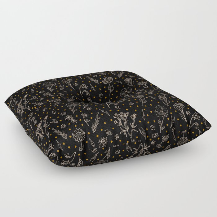 Wildflowers and Dots - Almond, Tan, Black Floor Pillow