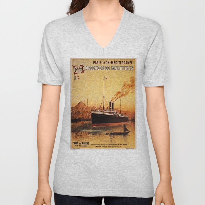 Vintage French Orient Shipping line Paris Mediterranean V Neck T Shirt