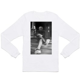 Funny Einstein in Fuzzy Slippers Classic Black and White Satirical Photography - Photographs Long Sleeve T-shirt