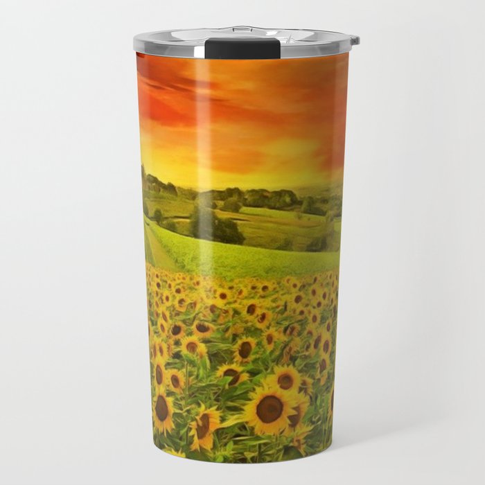 Tuscany Sunflowers and Sunflower Fields and Vineyards Italian Red Sunset landscape painting Travel Mug