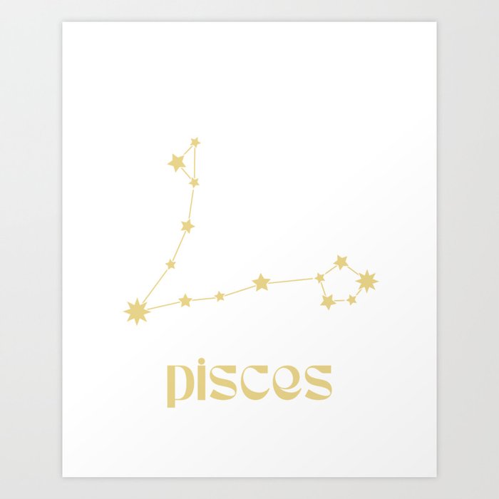 Pisces Sign Star Constellation Art, Retro Groovy Gold Font, Wall Decor Art Print