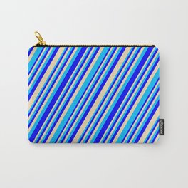 [ Thumbnail: Blue, Tan, and Deep Sky Blue Colored Lined/Striped Pattern Carry-All Pouch ]