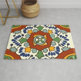 Talavera Mexican tile inspired bold design in blue, green, red, orange Rug