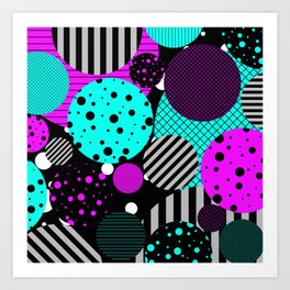 Circles, Bubbles And Stripes Art Print | Cyan, Blackandwhite, Colorful, Contemporary, Random, Circles, Stripes, Bubbles, Unique, Graphicdesign 
