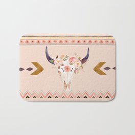 Bull Head Skull Boho Flowers Bath Mat