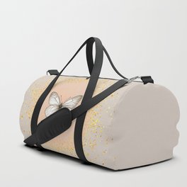 Hand-Drawn Butterfly and Gold Circle Frame on Sand Beige Duffle Bag