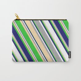 [ Thumbnail: Eyecatching Dark Grey, Tan, Lime Green, Midnight Blue, and White Colored Pattern of Stripes Carry-All Pouch ]