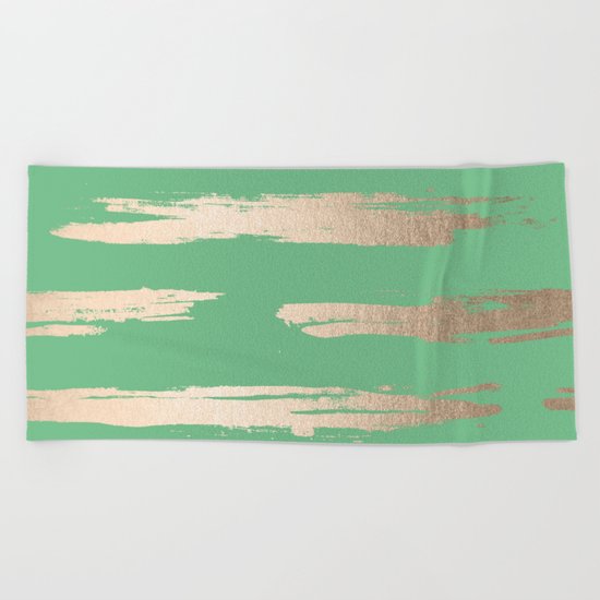 Abstract Paint Stripes Gold Tropical Green Beach Towel