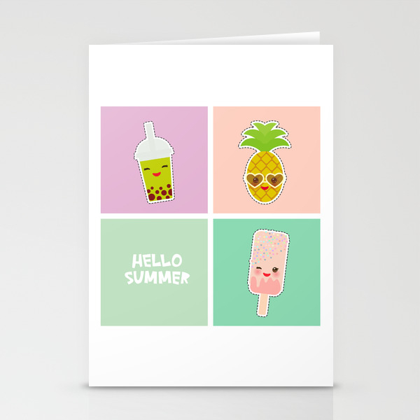 Hello Summer Bright Tropical Card Pineapple Smoothie Cup Ice Cream Bubble Tea Kawaii Cute Face Stationery Cards By Ekaterinap Society6