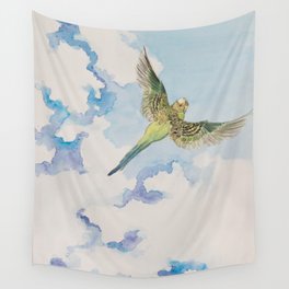 A Parakeet Soars Through The Clouds Wall Tapestry