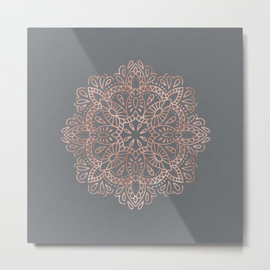 Mandala Rose Gold Pink Shimmer on Soft Gray by Nature Magick Metal Print