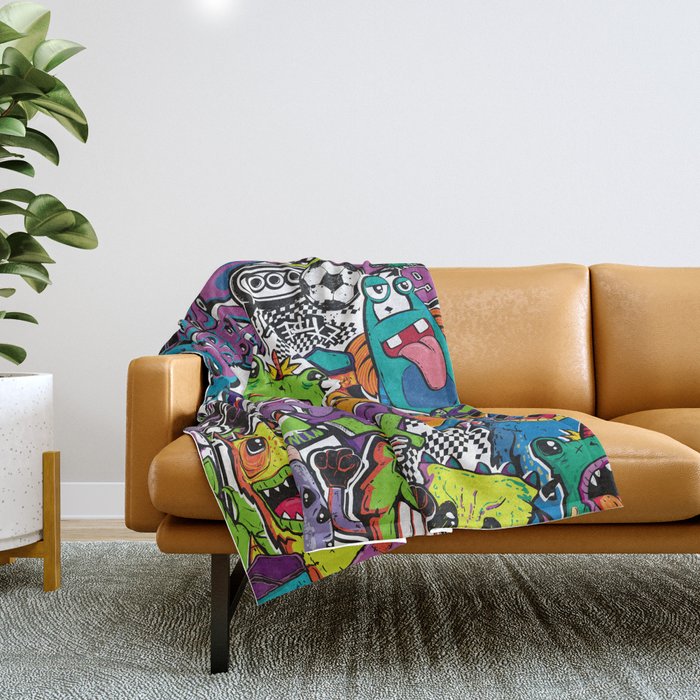 Abstract seamless comics monsters. Cartoon mutant repeated pattern Throw Blanket