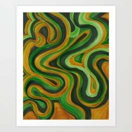 Abstract Retro Forest Green, Sage and Gold Swirl Lines Art Print