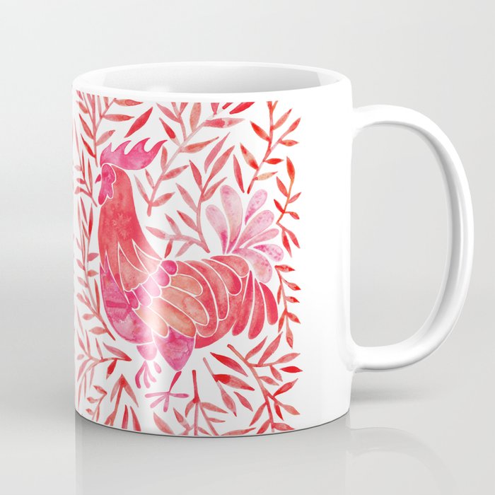 Le Coq – Watercolor Rooster with Red Leaves Coffee Mug