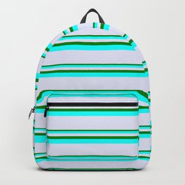 [ Thumbnail: Green, Aqua & Lavender Colored Pattern of Stripes Backpack ]