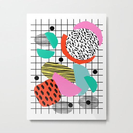 Posse - 1980's style throwback retro neon grid pattern shapes 80's memphis design neon pop art Metal Print