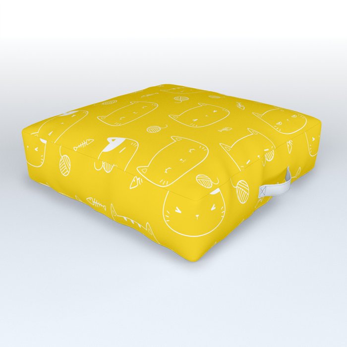 Yellow and White Doodle Kitten Faces Pattern Outdoor Floor Cushion