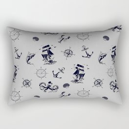 Light Grey And Blue Silhouettes Of Vintage Nautical Pattern Rectangular Pillow