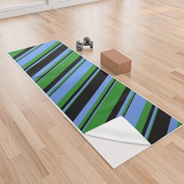 [ Thumbnail: Forest Green, Cornflower Blue & Black Colored Lines Pattern Yoga Towel ]