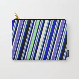 [ Thumbnail: Mint Cream, Slate Blue, Green, Blue, and Black Colored Pattern of Stripes Carry-All Pouch ]