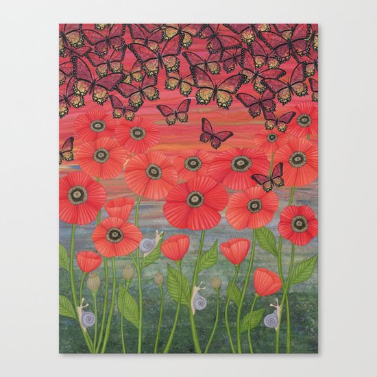 red sky, butterflies, poppies, & snails Canvas Print