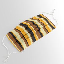 [ Thumbnail: Brown, Pale Goldenrod, Orange, and Black Colored Lines Pattern Face Mask ]