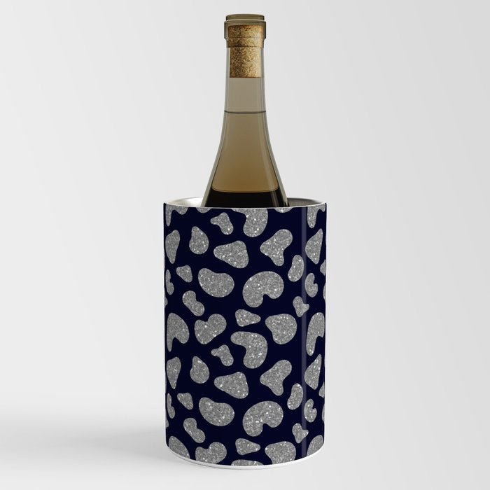 Hipster Silver Navy Blue Glitter Cheetah Animal Print Wine Chiller