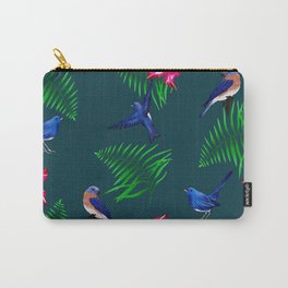 Bluebird, tropical flowers pattern Carry-All Pouch | Floral, Green, Digital, Patternbirds, Print, Pillows, Nature, Drawing, Tropical, Flowers 